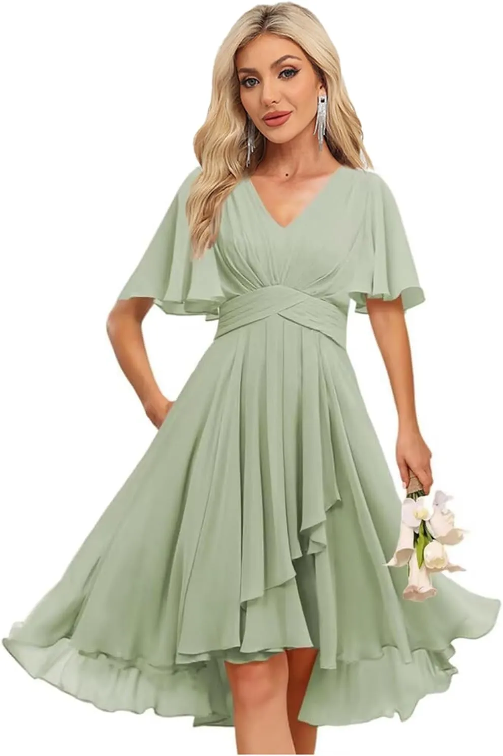 Women's V Neck Short Bridesmaid Dresses 2025 Pleated Chiffon Empire Waist Formal Dress with Pockets