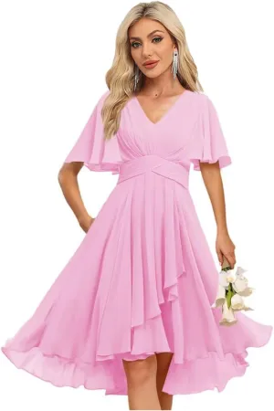 Women's V Neck Short Bridesmaid Dresses 2025 Pleated Chiffon Empire Waist Formal Dress with Pockets