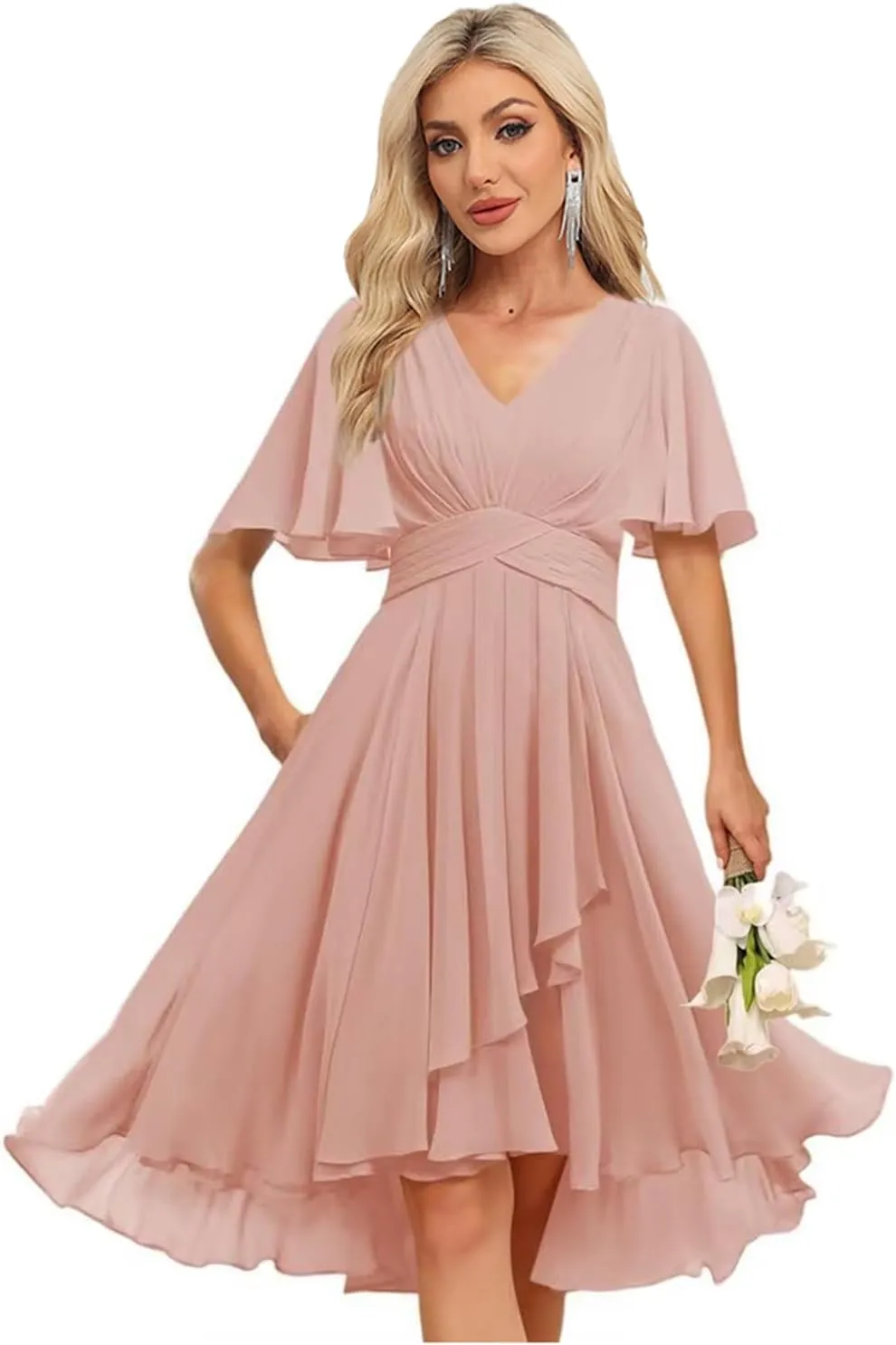 Women's V Neck Short Bridesmaid Dresses 2025 Pleated Chiffon Empire Waist Formal Dress with Pockets