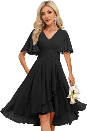 Women's V Neck Short Bridesmaid Dresses 2025 Pleated Chiffon Empire Waist Formal Dress with Pockets