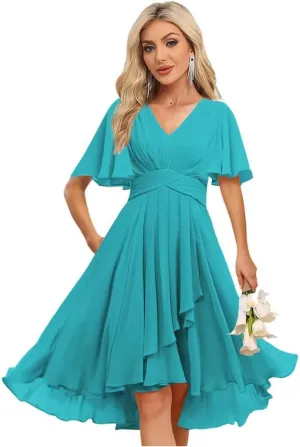 Women's V Neck Short Bridesmaid Dresses 2025 Pleated Chiffon Empire Waist Formal Dress with Pockets