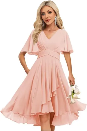 Women's V Neck Short Bridesmaid Dresses 2025 Pleated Chiffon Empire Waist Formal Dress with Pockets