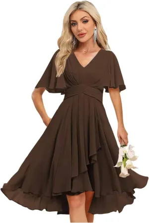 Women's V Neck Short Bridesmaid Dresses 2025 Pleated Chiffon Empire Waist Formal Dress with Pockets