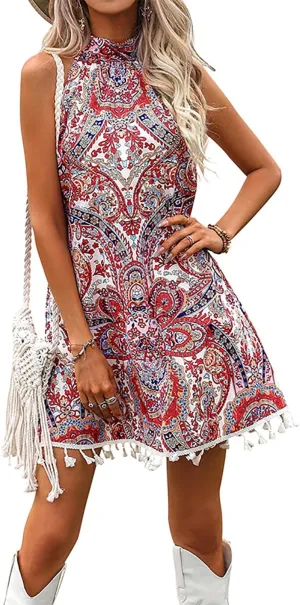 Women's Vintage Halter Neck Floral Print Dress, Retro Elegant Party Dress-Tassel & Tie-Back Details