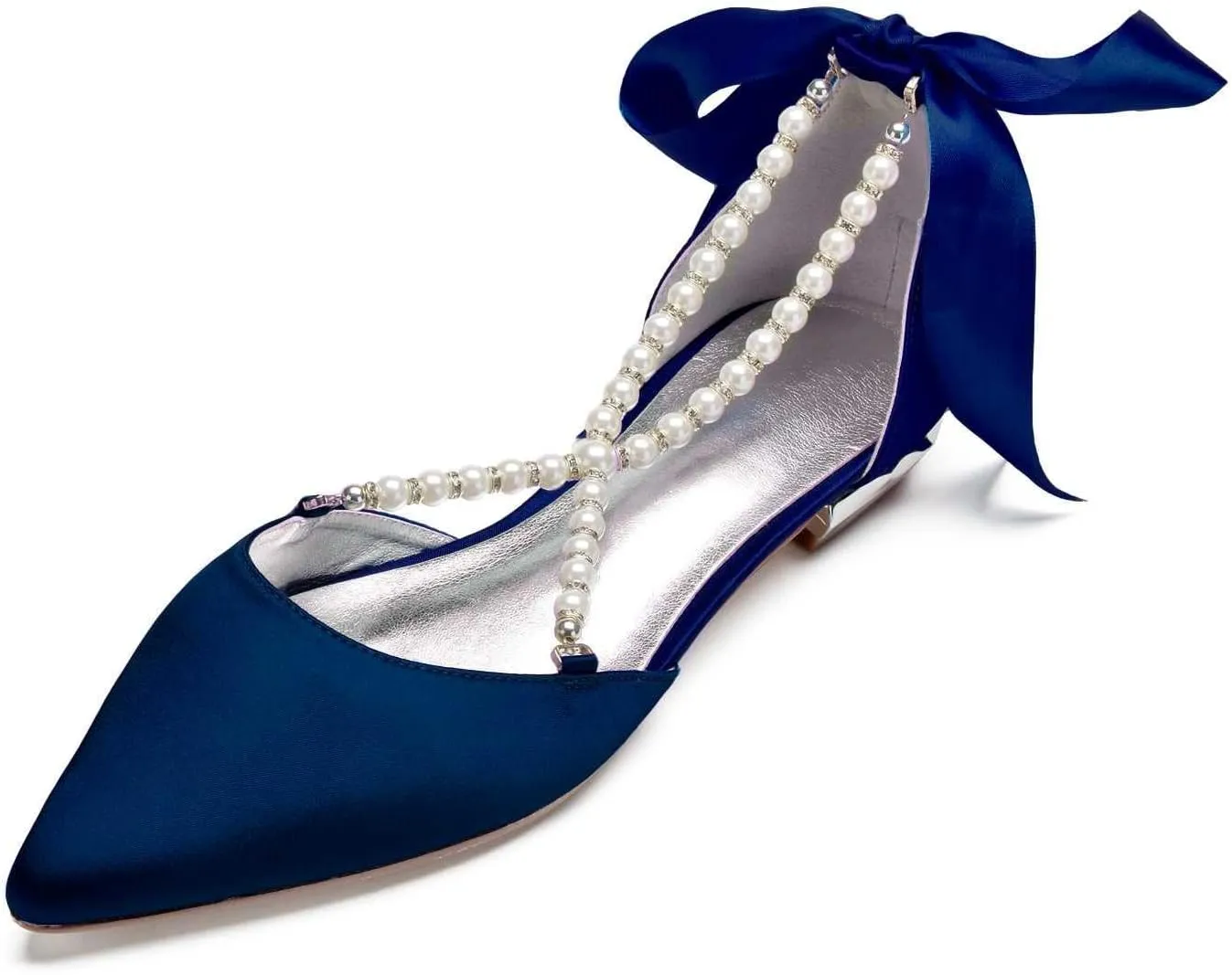 Women's Wedding Flats with Pointed Toe & Pearls Mary Jane Bridal Shoes with Buckle, Satin Perfect for Evening Parties, Proms, & Dressy Occasions