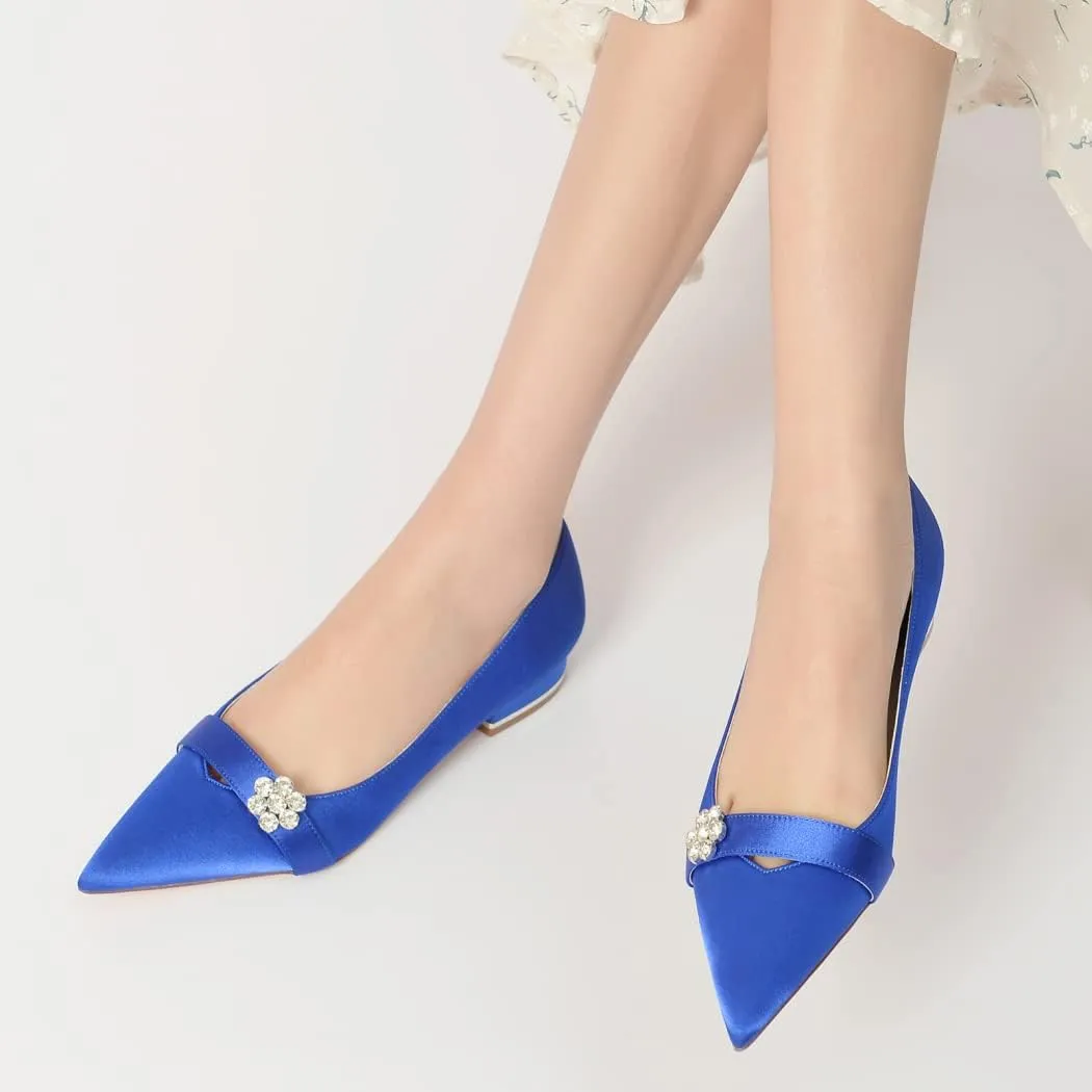 Women's Wedding Shoes Flats Satin Pointed Toe Rhinestone Slip on Bridal Bridesmaid Ballet Pumps Ballet Dressy Flats Shoes,Navy,7.5 US