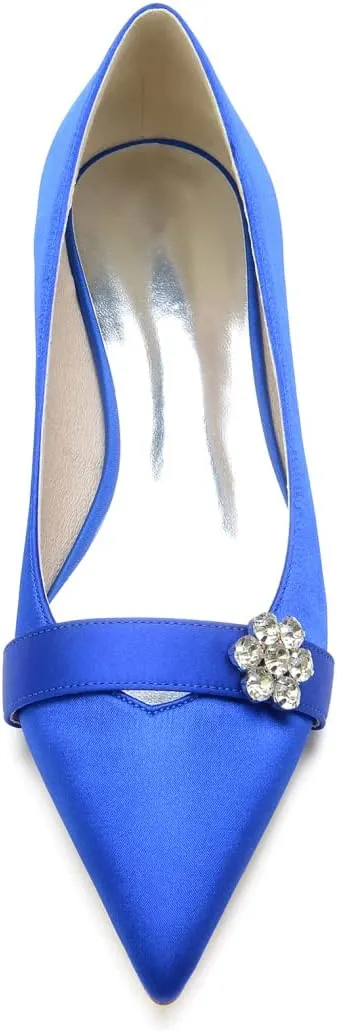 Women's Wedding Shoes Flats Satin Pointed Toe Rhinestone Slip on Bridal Bridesmaid Ballet Pumps Ballet Dressy Flats Shoes,Navy,7.5 US