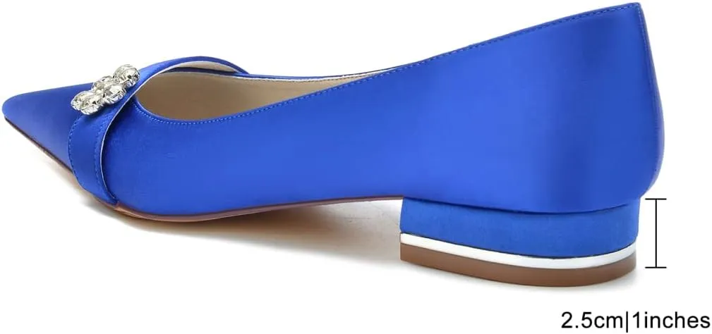 Women's Wedding Shoes Flats Satin Pointed Toe Rhinestone Slip on Bridal Bridesmaid Ballet Pumps Ballet Dressy Flats Shoes,Navy,7.5 US