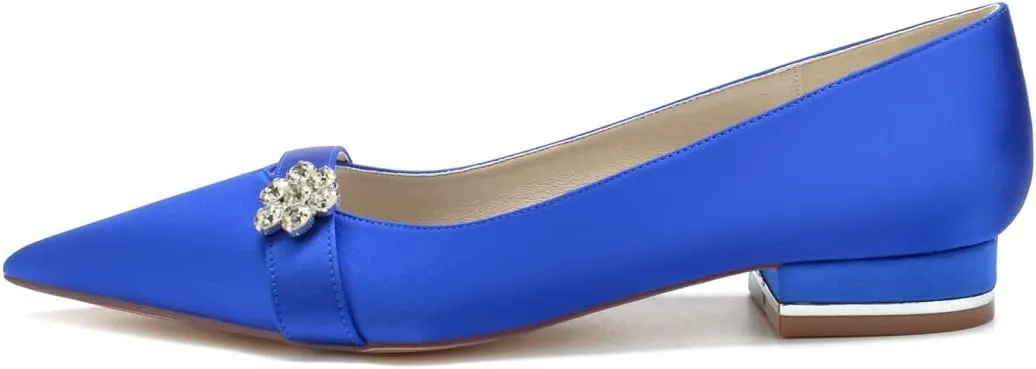 Women's Wedding Shoes Flats Satin Pointed Toe Rhinestone Slip on Bridal Bridesmaid Ballet Pumps Ballet Dressy Flats Shoes,Navy,7.5 US