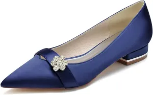 Women's Wedding Shoes Flats Satin Pointed Toe Rhinestone Slip on Bridal Bridesmaid Ballet Pumps Ballet Dressy Flats Shoes,Navy,7.5 US