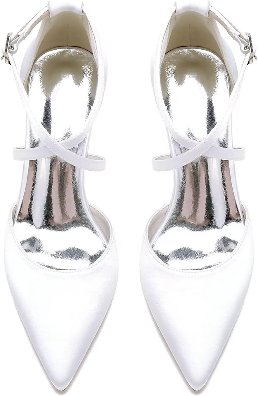 Women's Wedding Shoes for Bride Satin Pumps Low Chunky Block Heel Pointed Closed Toe Dress Shoes
