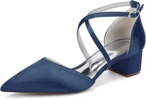 Women's Wedding Shoes for Bride Satin Pumps Low Chunky Block Heel Pointed Closed Toe Dress Shoes