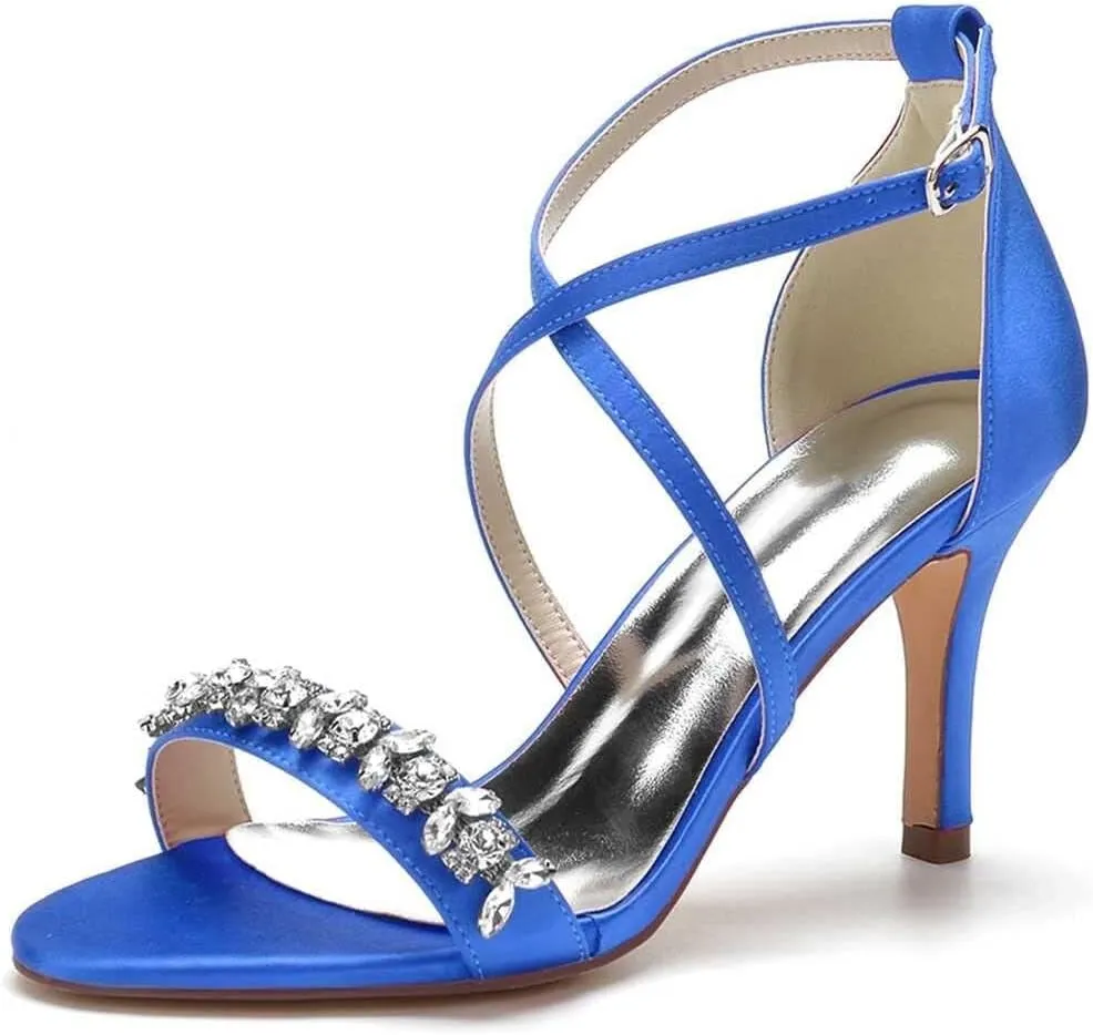 Womens Wedding Shoes Heels for Women Open Toe Buckle Ankle Strap Kitten Heels for Women Pump Block Sandals 3.34 inches Silver Black White Nude for Party Wedding(Blue,8)
