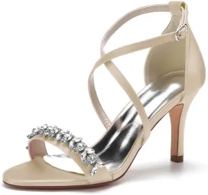 Womens Wedding Shoes Heels for Women Open Toe Buckle Ankle Strap Kitten Heels for Women Pump Block Sandals 3.34 inches Silver Black White Nude for Party Wedding(Champagne,11)