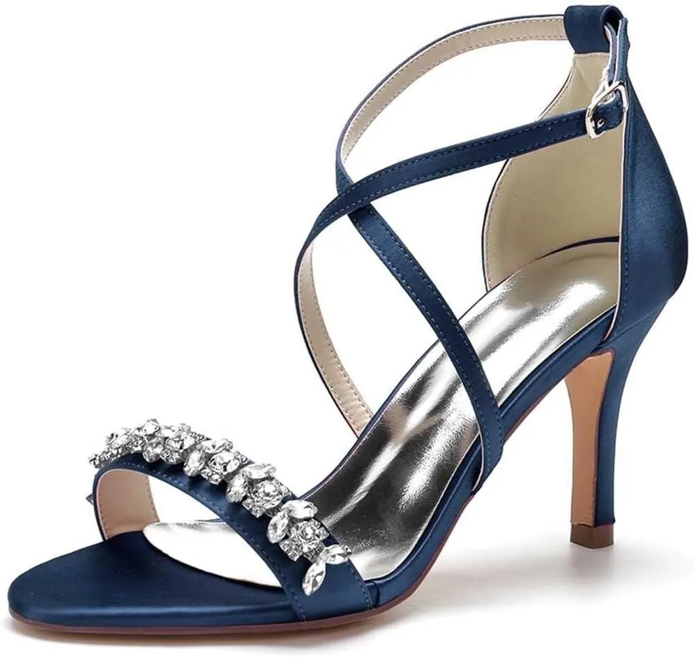 Womens Wedding Shoes Heels for Women Open Toe Buckle Ankle Strap Kitten Heels for Women Pump Block Sandals 3.34 inches Silver Black White Nude for Party Wedding(Dark Blue,8)