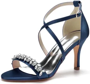 Womens Wedding Shoes Heels for Women Open Toe Buckle Ankle Strap Kitten Heels for Women Pump Block Sandals 3.34 inches Silver Black White Nude for Party Wedding(Dark Blue,8)
