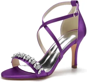 Womens Wedding Shoes Heels for Women Open Toe Buckle Ankle Strap Kitten Heels for Women Pump Block Sandals 3.34 inches Silver Black White Nude for Party Wedding(Dark Purple,8)