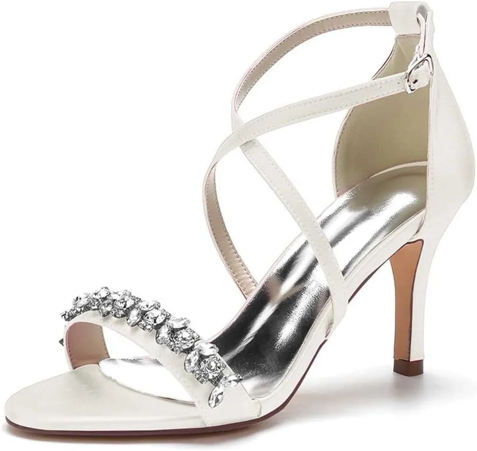 Womens Wedding Shoes Heels for Women Open Toe Buckle Ankle Strap Kitten Heels for Women Pump Block Sandals 3.34 inches Silver Black White Nude for Party Wedding(Ivory,8.5)