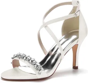 Womens Wedding Shoes Heels for Women Open Toe Buckle Ankle Strap Kitten Heels for Women Pump Block Sandals 3.34 inches Silver Black White Nude for Party Wedding(Ivory,8.5)