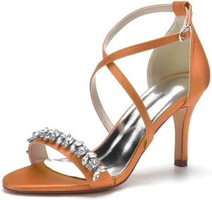 Womens Wedding Shoes Heels for Women Open Toe Buckle Ankle Strap Kitten Heels for Women Pump Block Sandals 3.34 inches Silver Black White Nude for Party Wedding(Orange,9)