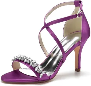 Womens Wedding Shoes Heels for Women Open Toe Buckle Ankle Strap Kitten Heels for Women Pump Block Sandals 3.34 inches Silver Black White Nude for Party Wedding(Purple,10)