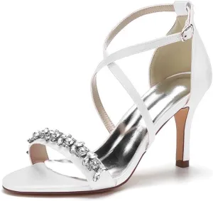 Womens Wedding Shoes Heels for Women Open Toe Buckle Ankle Strap Kitten Heels for Women Pump Block Sandals 3.34 inches Silver Black White Nude for Party Wedding(White,6)