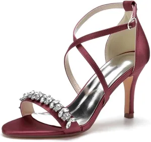 Womens Wedding Shoes Heels for Women Open Toe Buckle Ankle Strap Kitten Heels for Women Pump Block Sandals 3.34 inches Silver Black White Nude for Party Wedding(Wine red,8.5)