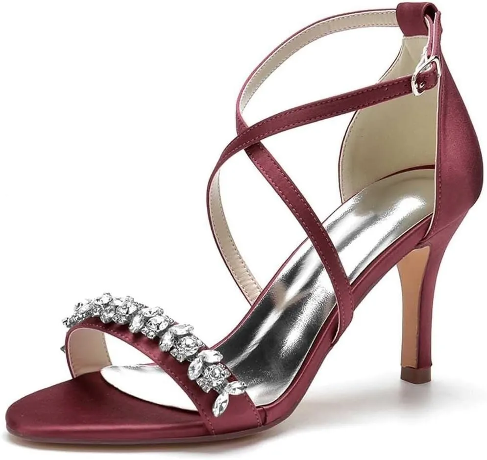 Womens Wedding Shoes Heels for Women Open Toe Buckle Ankle Strap Kitten Heels for Women Pump Block Sandals 3.34 inches Silver Black White Nude for Party Wedding(Wine red,8.5)