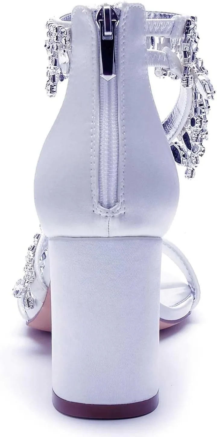 Womens Wedding Shoes Heels for Women Open Toe - Zipper Chunky Heels Dress Shoes for Women 3.14 Inch Rhinestone Wedding Heels for Prom Party Bridal Pump Shoes Light Purple, 5(Teal,8.5)
