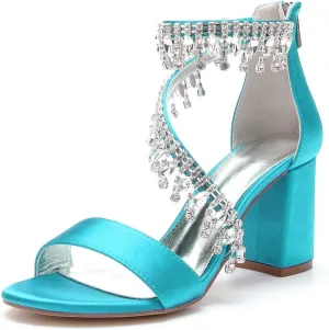 Womens Wedding Shoes Heels for Women Open Toe - Zipper Chunky Heels Dress Shoes for Women 3.14 Inch Rhinestone Wedding Heels for Prom Party Bridal Pump Shoes Light Purple, 5(Teal,8.5)
