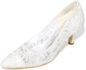 Womens Wedding Shoes Lace Wedding Shoes Closed Toe Low Heels Pointed Toe Bridal Shoes Women Mary Jane High Heels Pumps Wedding Dress Shoes(Ivory,5/US)