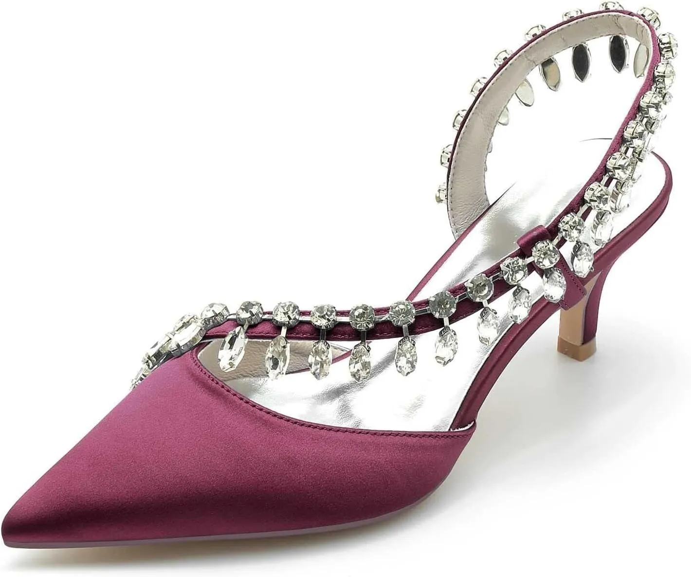 Womens Wedding Shoes Pointed Toe Kitten Heel Rhinestone Satin Wedding Shoes for Bride High Heels Slip on Bridal Shoes for Women Satin Heels Prom Party Shoes(Burgundy,8.5)