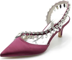 Womens Wedding Shoes Pointed Toe Kitten Heel Rhinestone Satin Wedding Shoes for Bride High Heels Slip on Bridal Shoes for Women Satin Heels Prom Party Shoes(Burgundy,8.5)