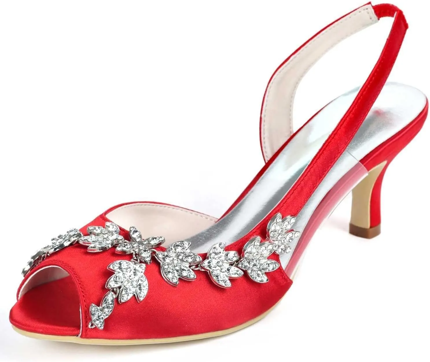 Womens Wedding Shoes Wedding Heels Peep Toe Wedding Shoes for Bride High Heels Slip On Rhinestones Bridal Shoes Satin Evening Party Prom Dress(Red,5 UK)