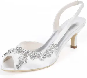 Womens Wedding Shoes Wedding Heels Peep Toe Wedding Shoes for Bride High Heels Slip On Rhinestones Bridal Shoes Satin Evening Party Prom Dress(White,7 UK)