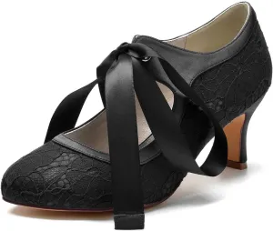 Womens Wedding Shoes Wedding Round Toe Heels Closed Toe Wedding Shoes for Bride High Heels Slip On Bridal Shoes Mary Jane Satin Evening Party Prom Dress Shoes Dark Blue(Black,7)