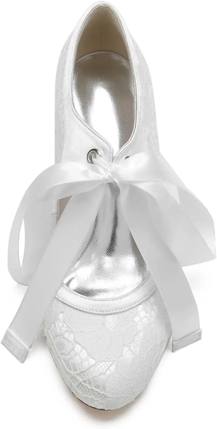 Womens Wedding Shoes Wedding Round Toe Heels Closed Toe Wedding Shoes for Bride High Heels Slip On Bridal Shoes Mary Jane Satin Evening Party Prom Dress Shoes Dark Blue(Black,7)