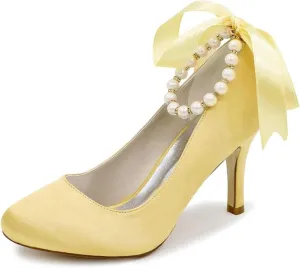 Womens Wedding Shoes Wedding Shoes for Bride High Heel Platform Bridal Shoes Pearl Wedding Heels for Women Pumps Satin Evening Party Prom Dress Shoes(Gold,7)