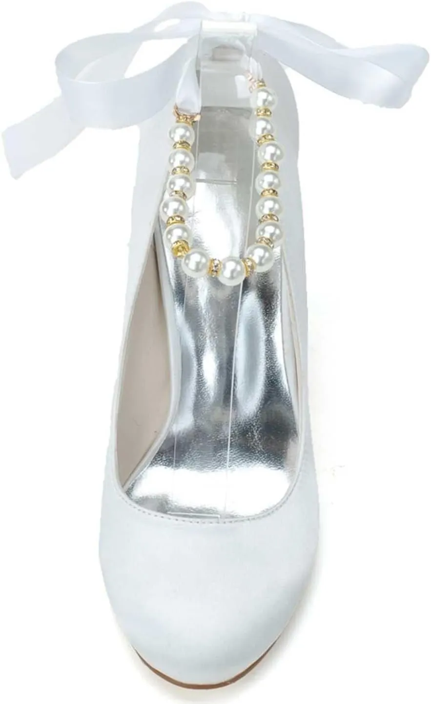 Womens Wedding Shoes Wedding Shoes for Bride High Heel Platform Bridal Shoes Pearl Wedding Heels for Women Pumps Satin Evening Party Prom Dress Shoes(Gold,7)
