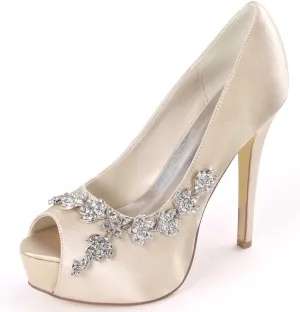 Womens Wedding Shoes Wedding Shoes for Bride High Heel Platform Bridal Shoes Rhinestones Wedding Heels for Women Pumps Satin Evening Party Prom Dress Shoes Dark Purple(Champagne,5 UK)