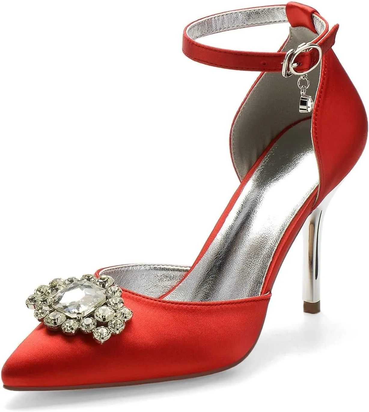 Womens Wedding Shoes Wedding Shoes for Women Ankle Strap Pointed Toe High Heeled Sandals Satin Surface Diamond Prom Evening Dress,Green,11(Red,10/US)