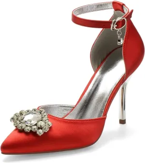 Womens Wedding Shoes Wedding Shoes for Women Ankle Strap Pointed Toe High Heeled Sandals Satin Surface Diamond Prom Evening Dress,Green,11(Red,10/US)