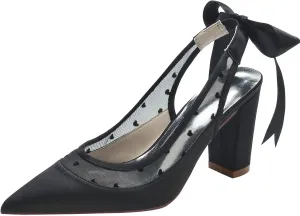 Womens Wedding Shoes Women Block Heels Slingback Wedding Shoes High Chunky Closed Toe Pointed Toe Shoes Bowtie Evening Party Pumps Shoes 8.5Cm,Black,11.5(Black,6.5)