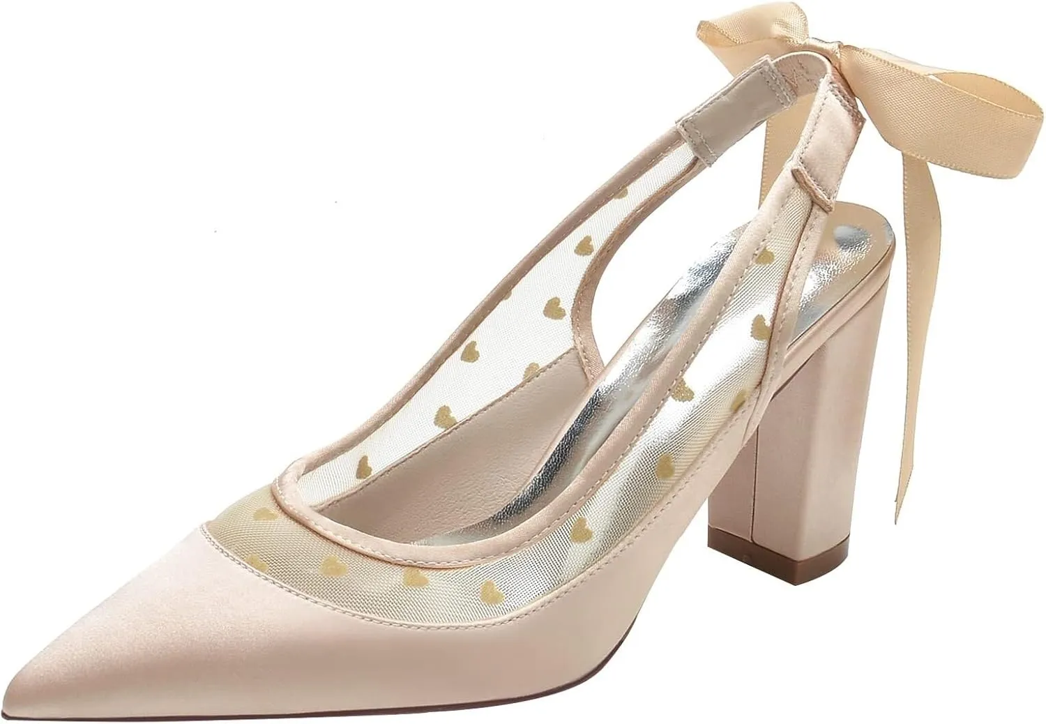 Womens Wedding Shoes Women Block Heels Slingback Wedding Shoes High Chunky Closed Toe Pointed Toe Shoes Bowtie Evening Party Pumps Shoes 8.5Cm,Black,11.5(Champagne,6)