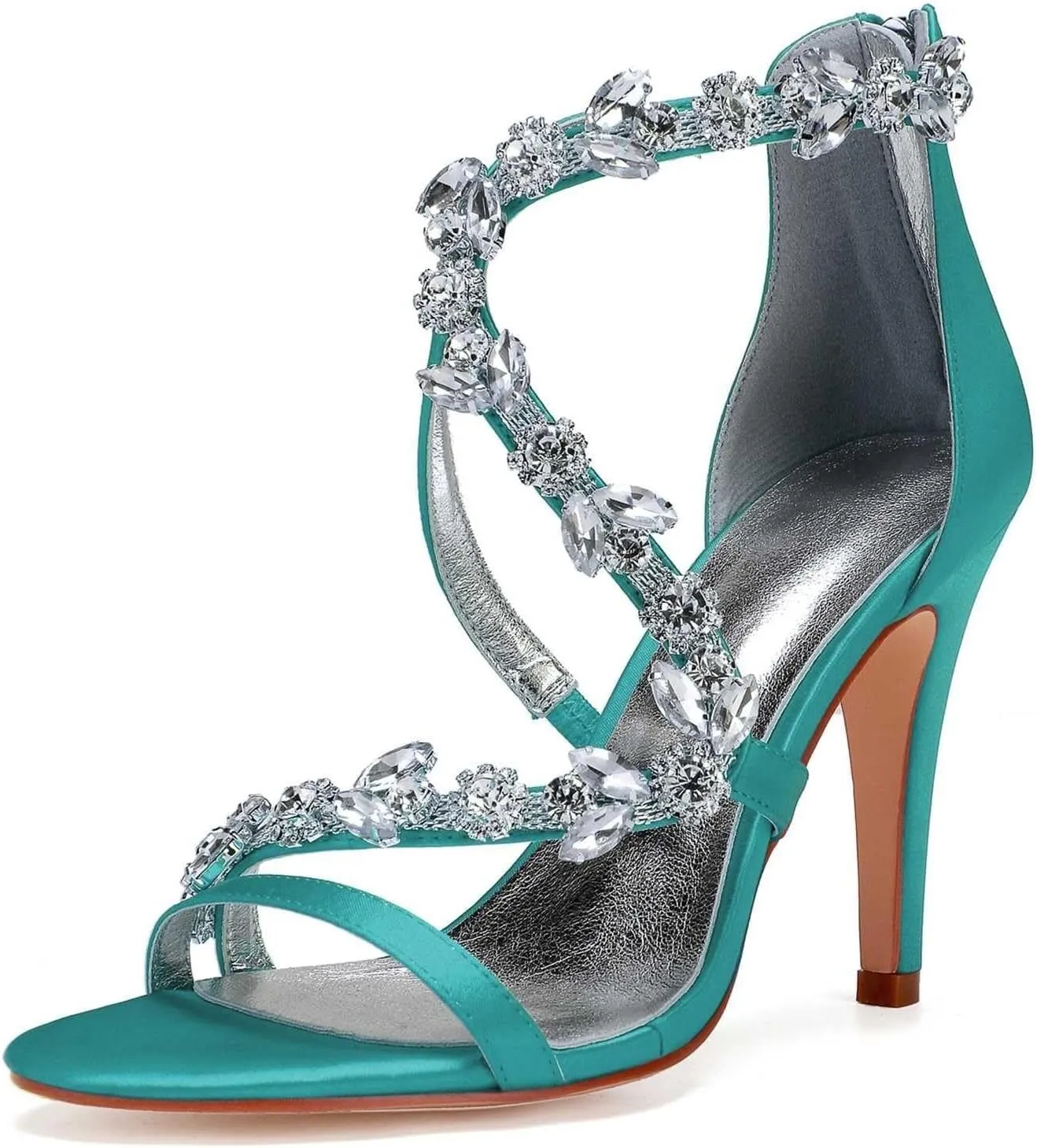 Womens Wedding Shoes Women's 4.13" Kitten Heel Sandals | Open Toe with Ankle Zipper & Rhinestone Accents | Perfect for Summer Dresses & Casual Outfits(Teal,10)