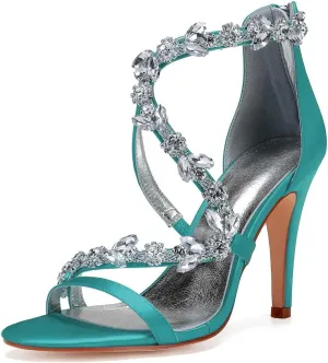 Womens Wedding Shoes Women's 4.13" Kitten Heel Sandals | Open Toe with Ankle Zipper & Rhinestone Accents | Perfect for Summer Dresses & Casual Outfits(Teal,10)