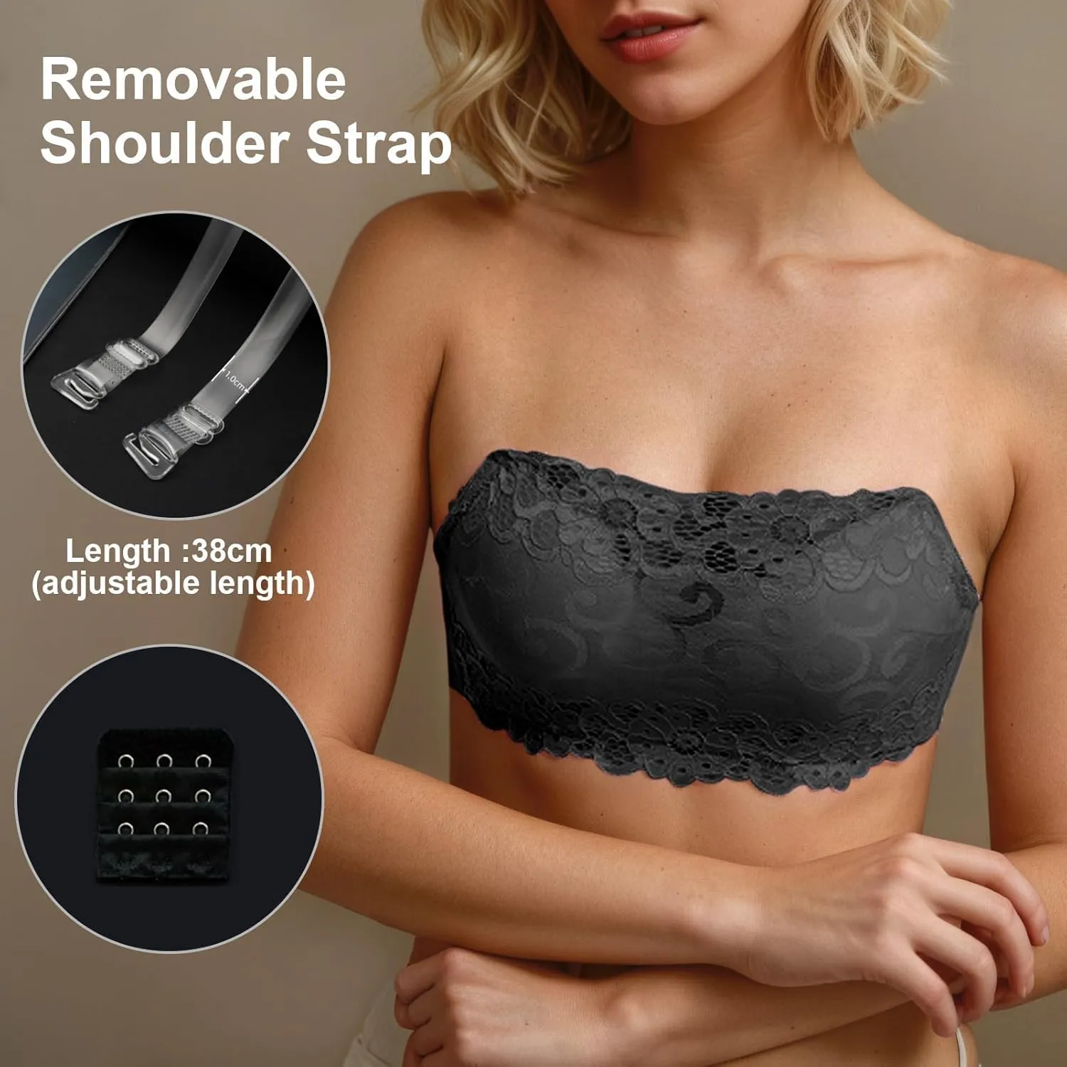 Women's Wirefree Lace Bandeau Bra – Strapless Tube Top Padded Bralette
