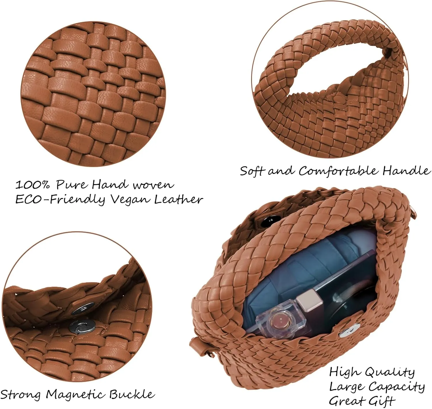 Woven Handbag For Women, Small Metallic Purse with Detachable Crossbody Strap, Girls Daily Top Handle Bag