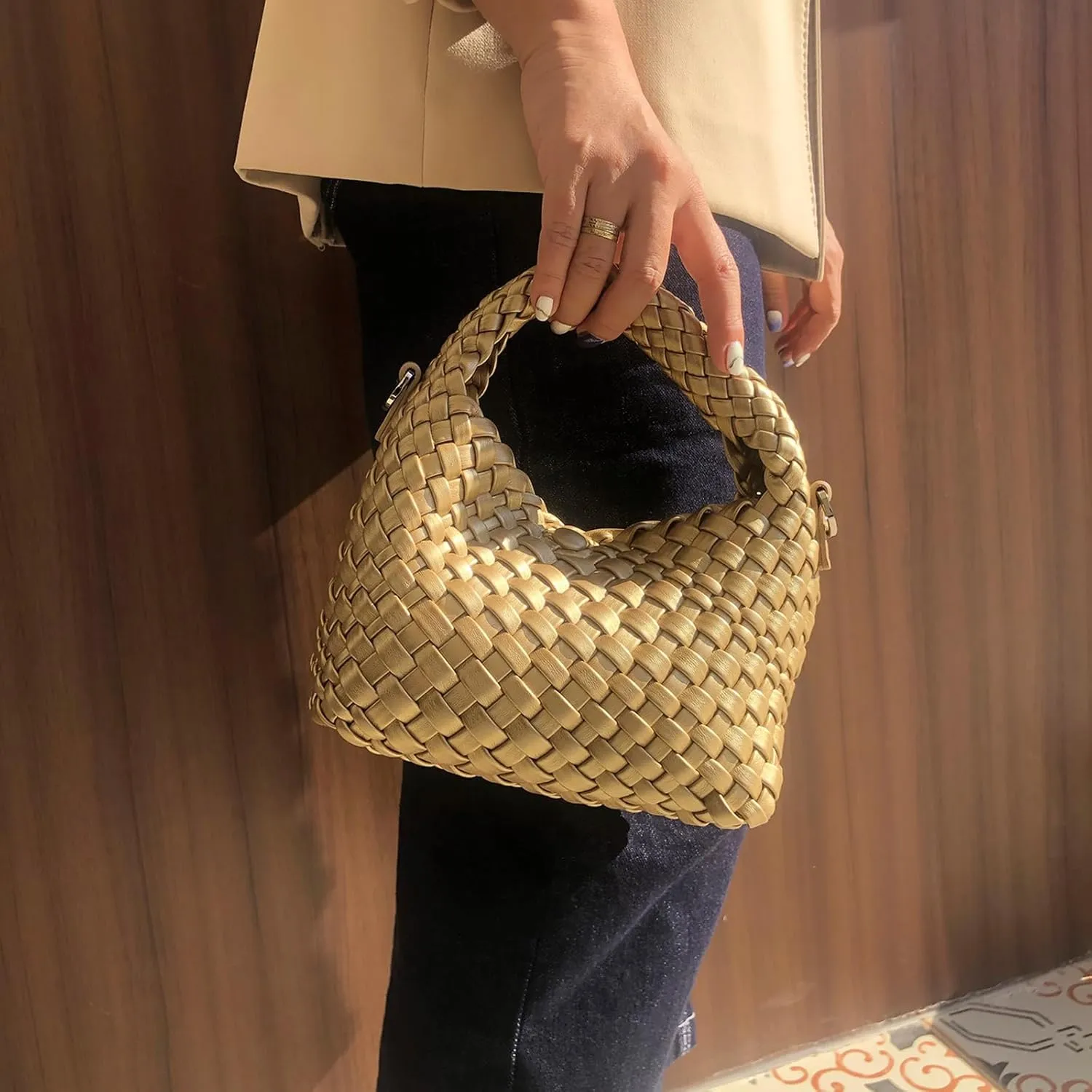Woven Handbag For Women, Small Metallic Purse with Detachable Crossbody Strap, Girls Daily Top Handle Bag
