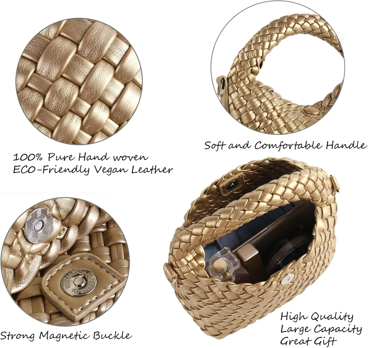 Woven Handbag For Women, Small Metallic Purse with Detachable Crossbody Strap, Girls Daily Top Handle Bag